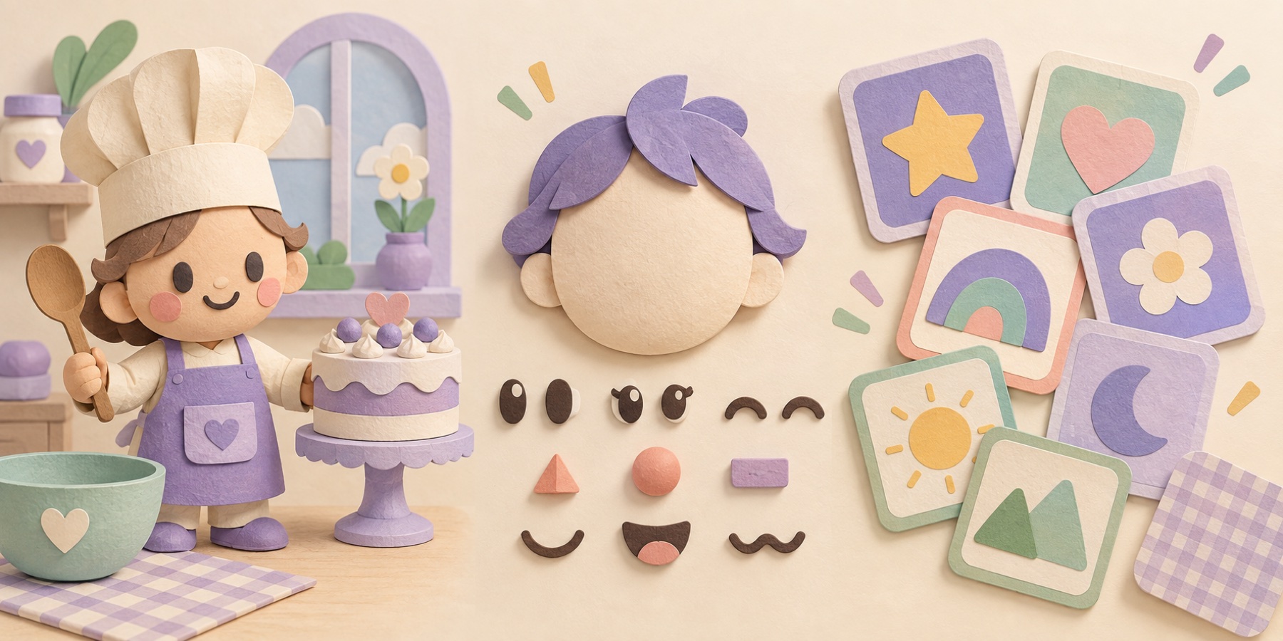 Conceptual illustration of a cake chef, customizable face and matching cards