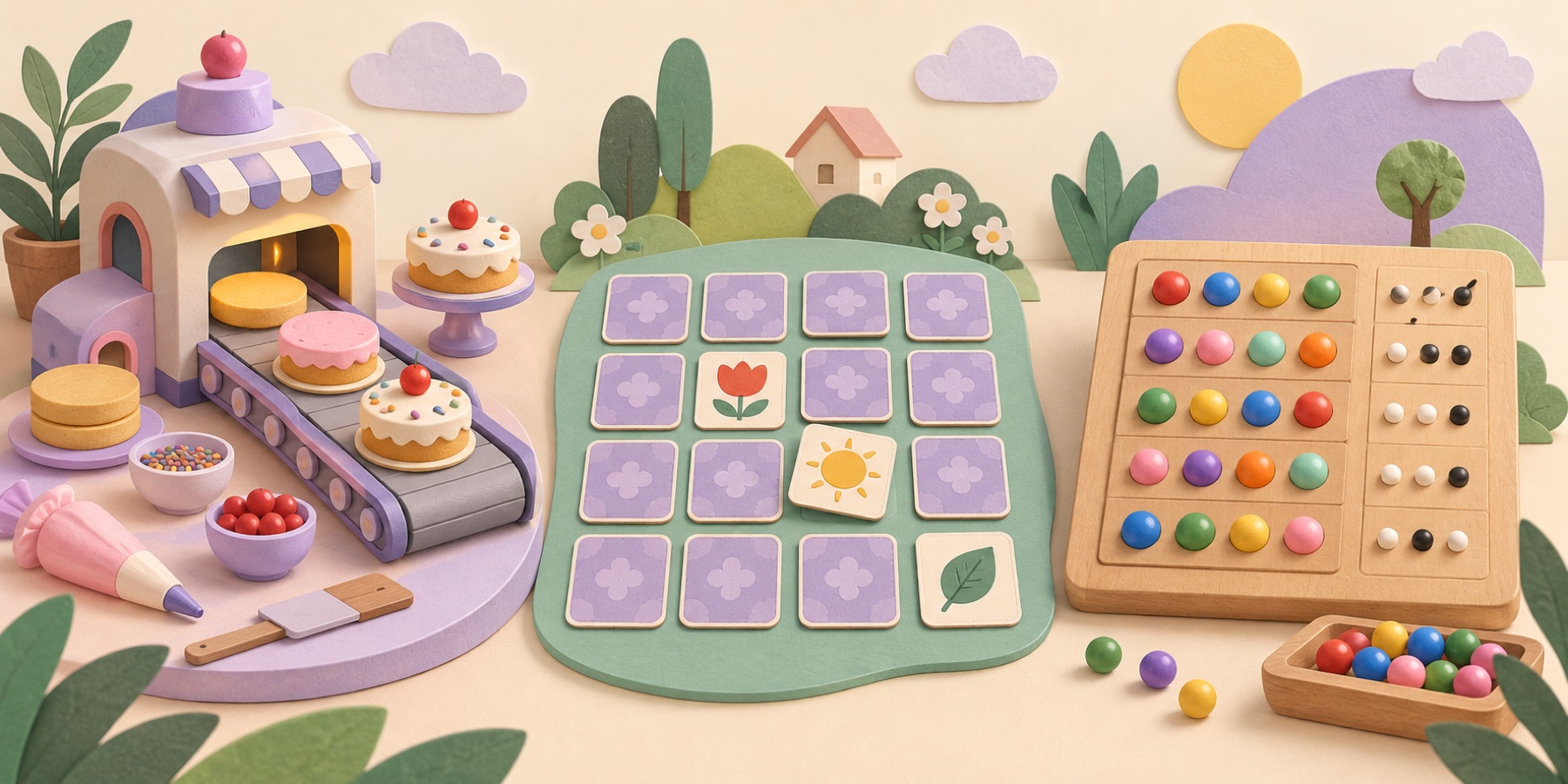 Concept art showing cake making, matching cards and a clue puzzle as three separate choices
