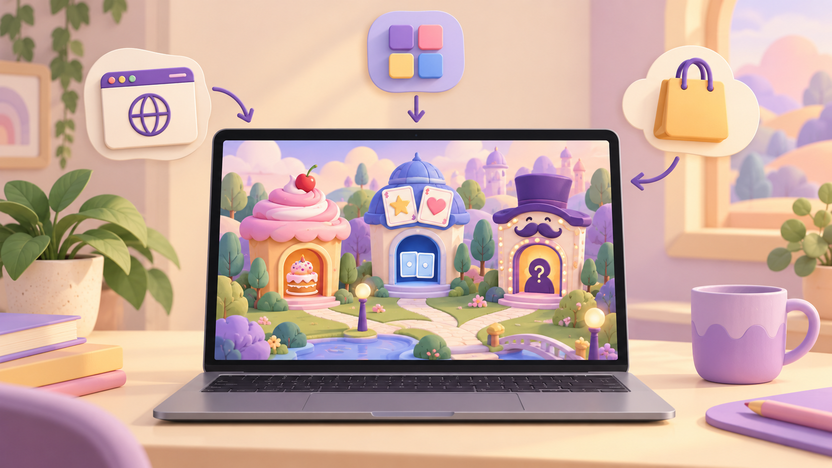 Concept illustration of a laptop showing three playful puzzle doors and different access routes