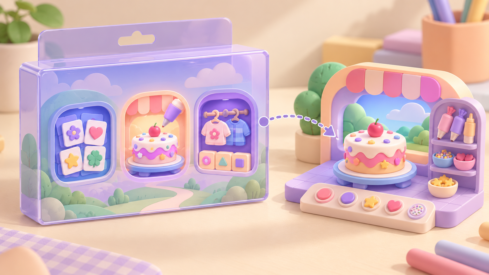 Concept illustration contrasting a three-mode future game with a cake-only miniature stage